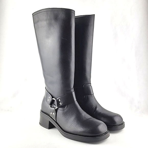 Yokono Women's Tall Black Leather Riding Biker Boots Strap Buckle Block Heel 39 - Picture 3 of 16